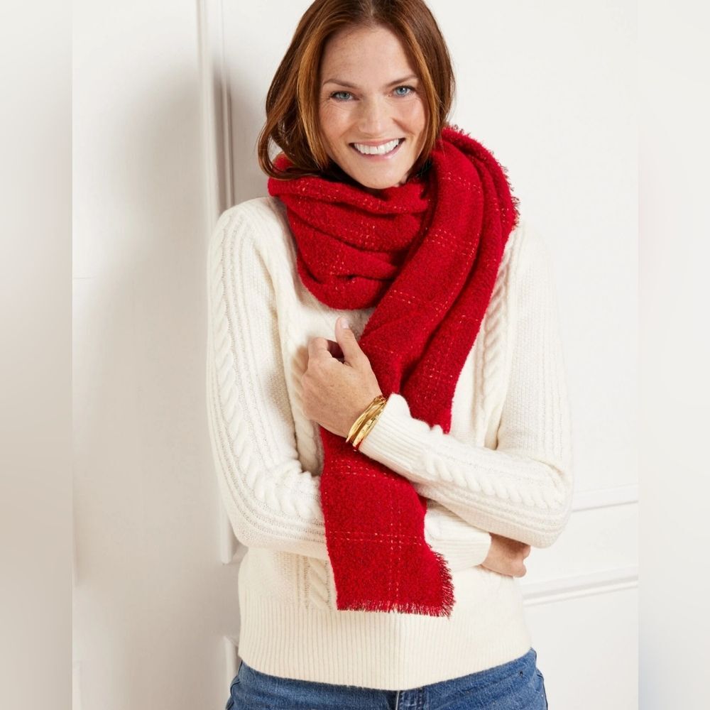 Talbots Stylish Pop Red Gold Metallic Windowpane Knit Fringed Edge Wrap Scarf